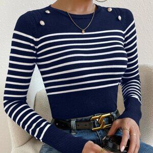 NEW! Size L Striped Pattern Button Detail Sweater